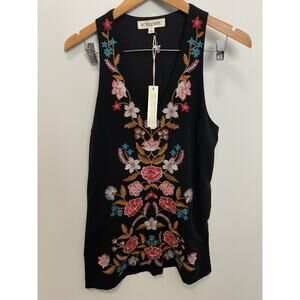 By Together Floral Embroidered Shift Dress Sleeveless Pockets Black Size S NWT